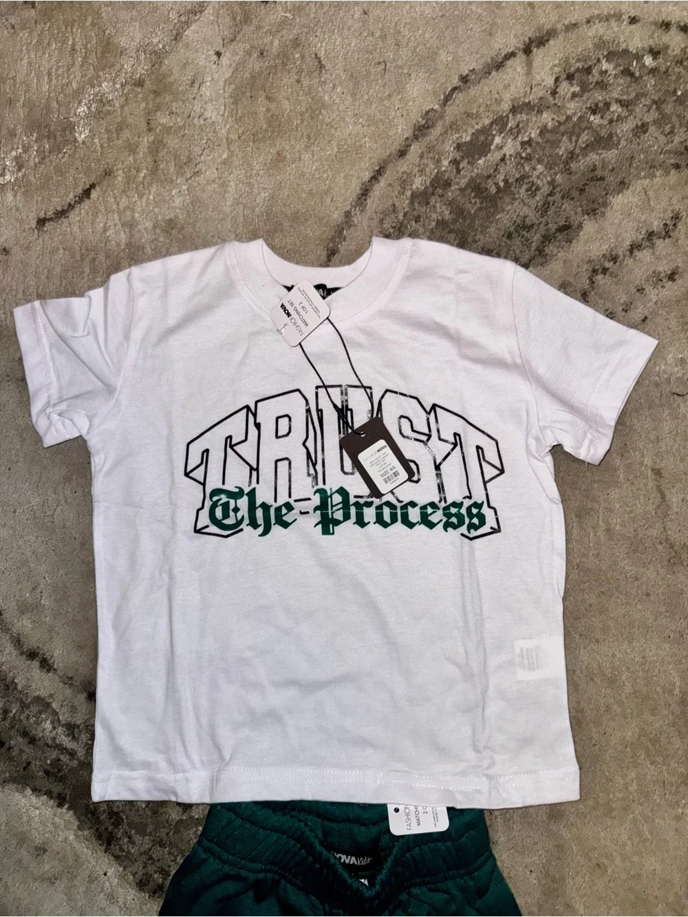 Fashion Nova Kids White Tee & Green Sweatpants 'The Process' Matching Set